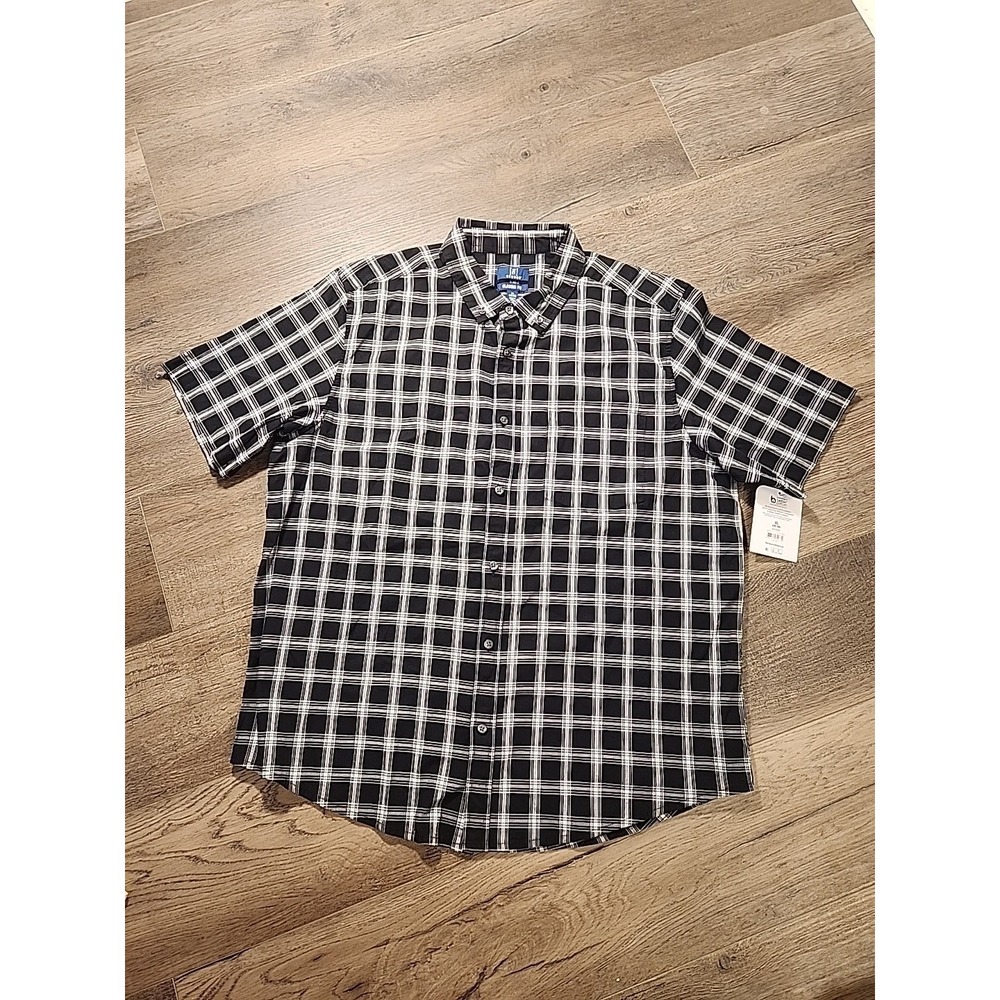 George Men's XL Classic‎ Fit Stretch Black Plaid Short Sleeve Button Shirt
